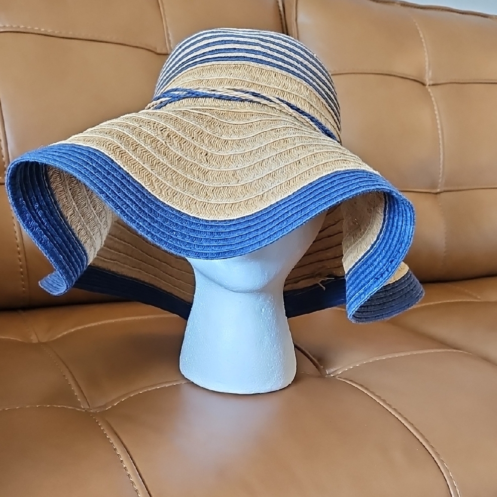 Panama Jack 100% Paper Blue and Tan Wide Brim Sun Hat - Picture 2 of 13